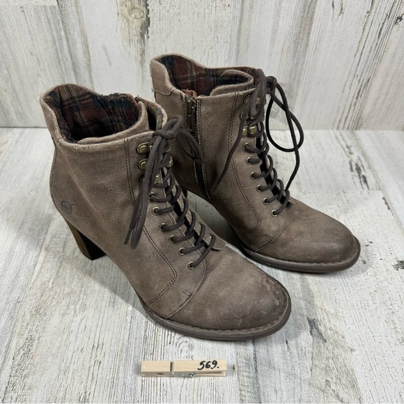 Born Taupe Tan Suede Lace-Up Ankle Boots with Block Heel #569 - Picture 10 of 12